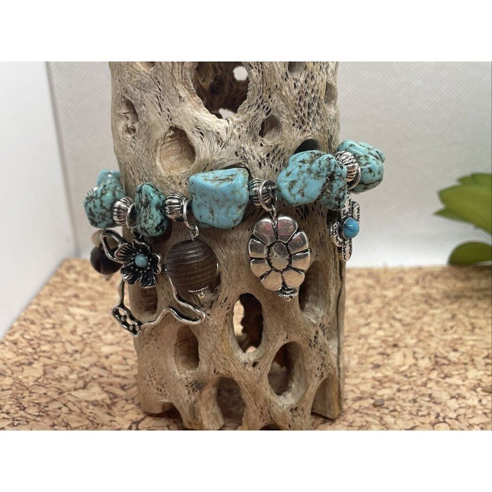 Turquoise Nugget Stretch Bracelet Feather Cactus Cow Western Bead Wood Flower - Picture 12 of 15